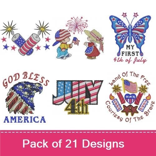 Patriotic Celebration Embroidery Designs Bundle – Fireworks, Flag with Stars, USA Shield & More (19 Designs)
