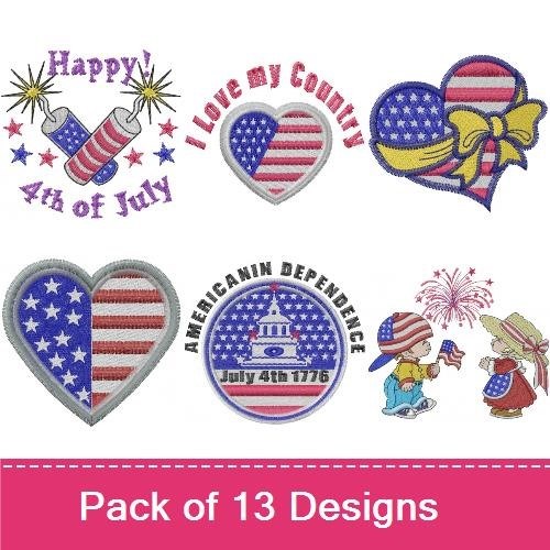Patriotic July 4th Embroidery Designs Bundle – Happy July 4th, Fireworks, American Flag & More (11 Designs)