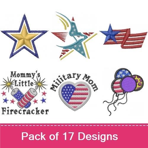 Patriotic Symbols Embroidery Designs Bundle – Mommy's Little Firecracker, Eagle with Shield, Uncle Sam Hat & More (17 Designs)