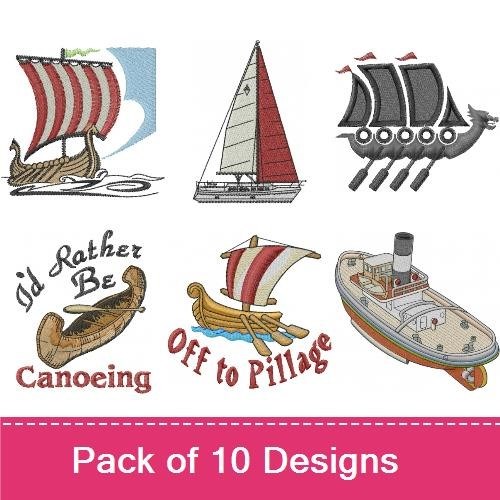 Nautical & Viking Ships Embroidery Designs Bundle – Tugboat, Luxury Yacht, Viking Ship & More (9 Designs)