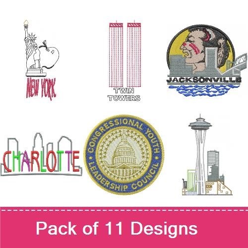 USA & World Landmarks Embroidery Bundle – Seattle Space Needle, New York City Skyline, Liberty Statue & More (10 Designs)