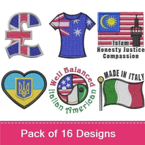 International Flags Embroidery Designs Bundle – Italy Outline, New Zealand Flag, Hungary Flag & More (15 Designs)