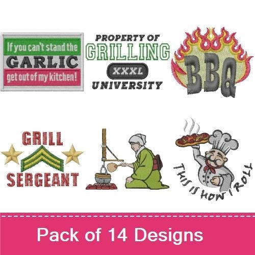 Cooking and Grilling Embroidery Designs Bundle – BBQ with Flames, Grill Sergeant, Chef with Knife & More (14 Designs)