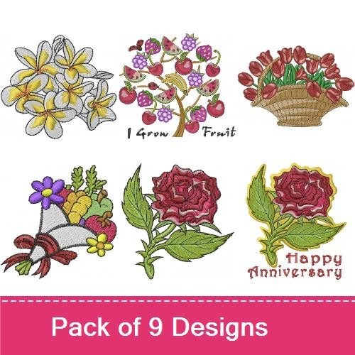 Floral and Fruit Embroidery Designs Bundle – Floral Bouquet, Fruit Basket, Spring Flowers & More (9 Designs)