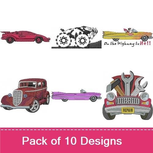 Classic Cars and Tools Embroidery Designs Bundle – Red Vintage Car, Pink Convertible, Race Car & More (10 Designs)