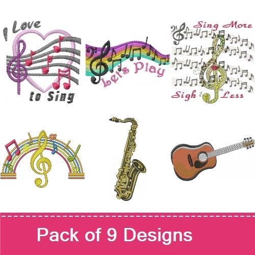 Music Embroidery Bundle – Colorful Music Notes, Guitar with Music Notes, I Love to Sing & More (9 Designs)