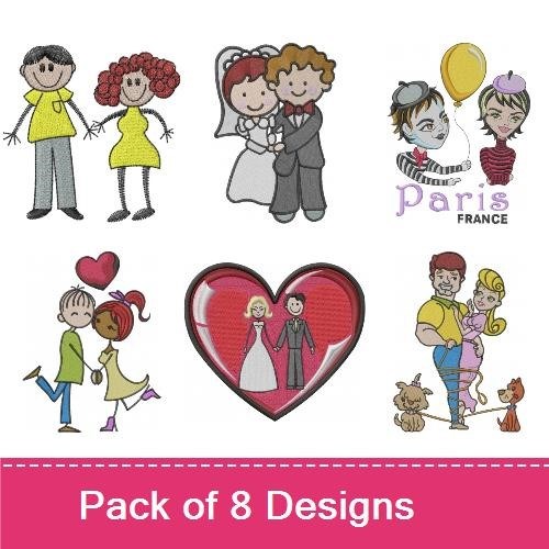 Cute Couples Embroidery Designs Bundle – Paris Couple, Bride and Groom, Loving Couple & More (8 Designs)