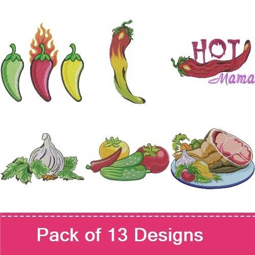 Vegetables & Peppers Embroidery Designs Bundle – Chopping Board with Peppers, Red Chili Pepper, Garlic Bulb & More (13 Designs)