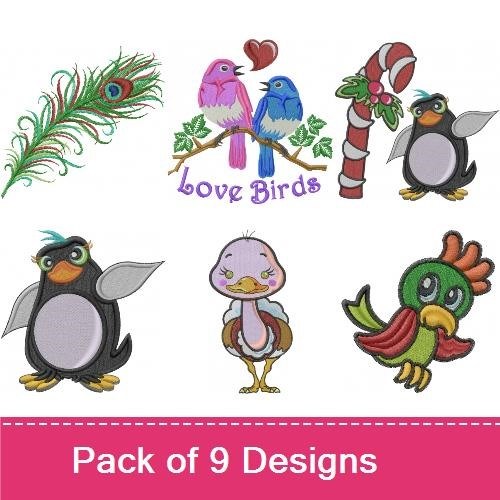 Whimsical Birds Embroidery Designs Bundle – Purple Bird, Love Birds, Penguin & More (9 Designs)