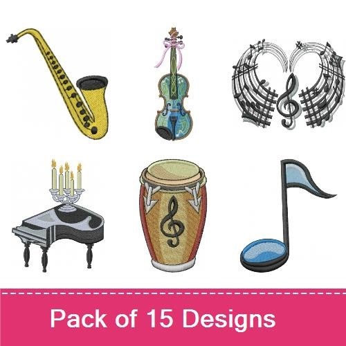 Musical Instruments Embroidery Designs Bundle – Violin, Saxophone, Gramophone & More (15 Designs)