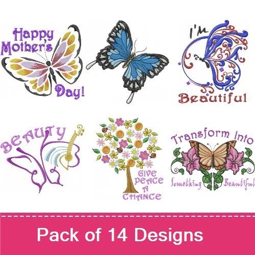 Butterflies & Ladybugs Embroidery Bundle – Monarch Butterfly, Happy Mother's Day Butterfly, Ladybug with Text & More (14 Designs)