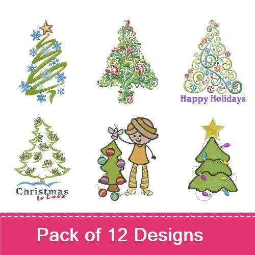 Christmas Tree Embroidery Bundle – Whimsical Tree, Decorated Tree, Christmas Cake & More (12 Designs)