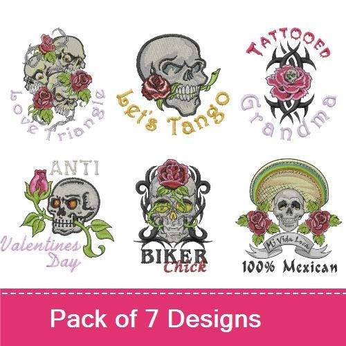 Skull and Rose Tattoo Embroidery Designs Bundle – Sugar Skull, Biker Skull, Tattooed Grandma & More (7 Designs)