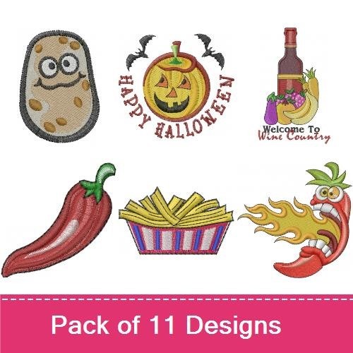 Chili Pepper & Fall Embroidery Designs Bundle – Happy Chili Pepper, Chili Bottle, Chili with Fries & More (11 Designs)