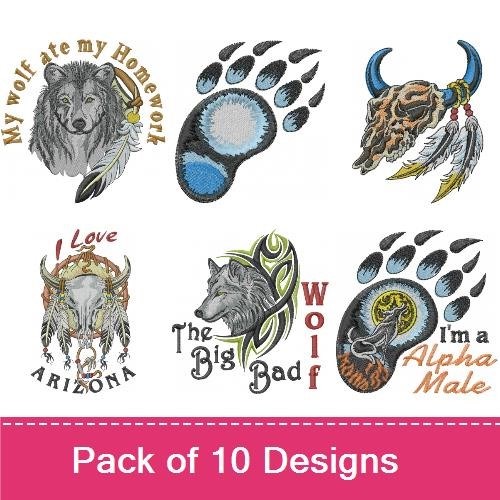 Wolf & Western Embroidery Bundle – My Wolf Ate My Homework, Buffalo Skull, Dreamcatcher & More (10 Designs)