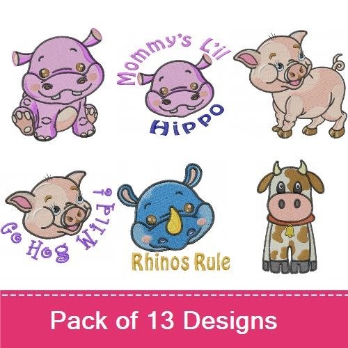 Farm Animal Embroidery Designs Bundle – Cute Pig, Hippo, Sheep, Cow, Donkey & More (13 Designs)
