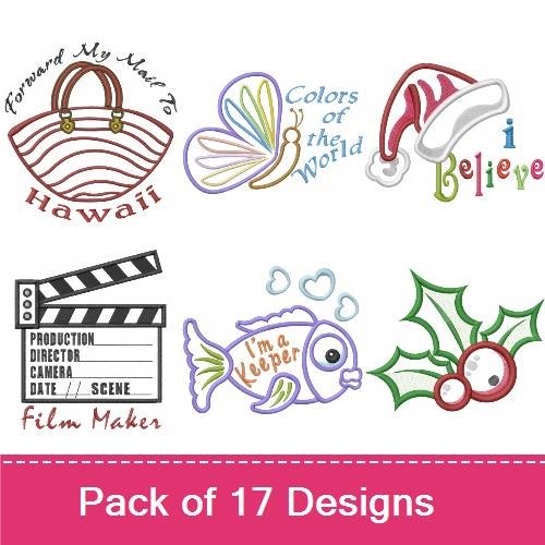 Applique Fun and Festive Embroidery Designs Bundle – Fish, Hearts, Butterfly, Santa Hat & More (17 Designs)