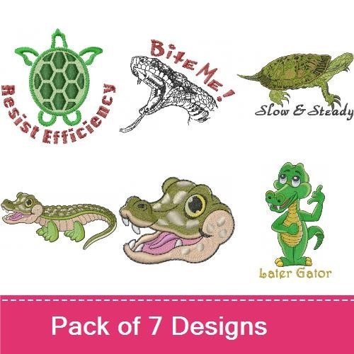 Cute Reptiles Embroidery Bundle – Crocodile Character, Happy Cobra, Slow & Steady Turtle & More (6 Designs)
