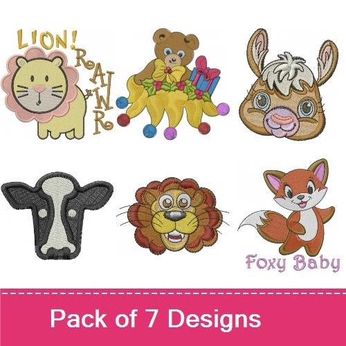Cute Animal Characters Embroidery Designs Bundle – Foxy Baby, Lion, Bear with Balloons & More (7 Designs)