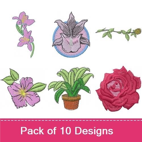 Floral Embroidery Designs Bundle – Purple Iris, Floral Arrangement, Rose & More (8 Designs)