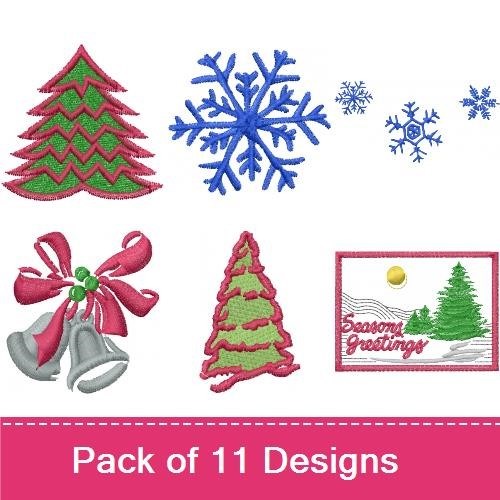 Winter Holiday Embroidery Designs Bundle – Christmas Tree, Snowflake, Ornament Bell & More (10 Designs)
