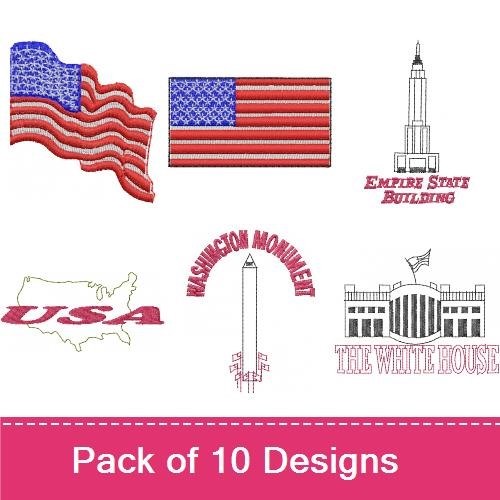 USA Landmarks & Symbols Embroidery Designs Bundle – Washington Monument, Empire State Building, Statue of Liberty & More (9 Designs)