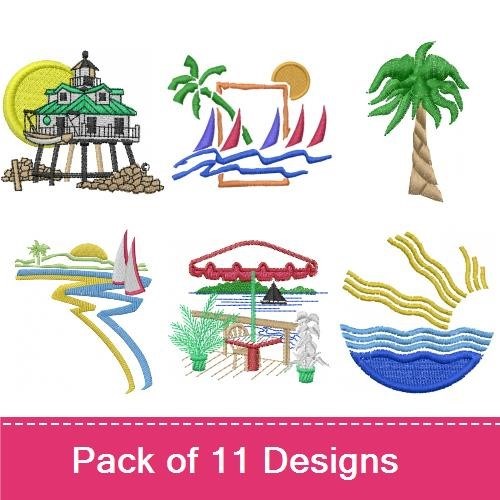 Beach and Summer Embroidery Bundle – Lighthouse, Palm Tree, Surfing Scene & More (11 Designs)