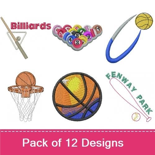 Sports-Themed Embroidery Designs Bundle – Basketball Player, Baseball Bats, Tennis Racket & More (12 Designs)