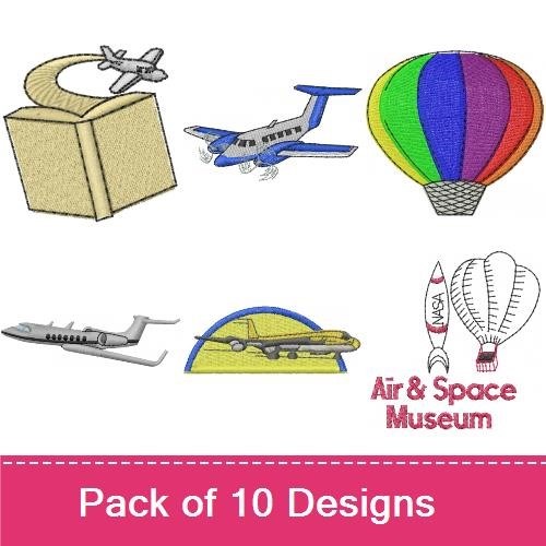 Air and Space Embroidery Bundle – Rocket, Airplane, Jet Fighter, Hot Air Balloon & More (10 Designs)