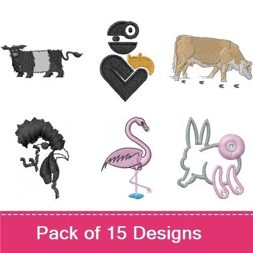 Cow, Flamingo & Rabbit Embroidery Bundle – Farm Animals & Heart Designs (15 Designs)