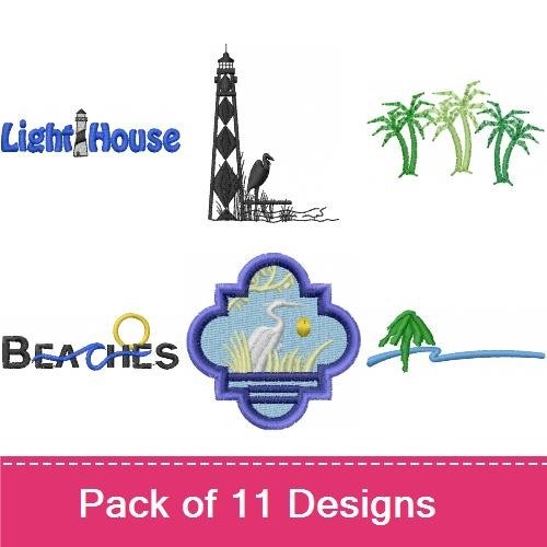Coastal Theme Embroidery Designs Bundle – Lighthouse, Heron, Beach Chair & More (10 Designs)