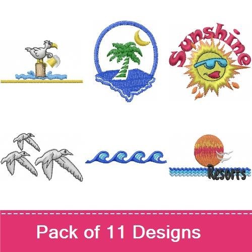 Coastal Summer Embroidery Bundle – Surfboard, Palm Trees, Beach Sunset & More (10 Designs)