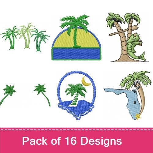 Tropical Palm Trees Embroidery Designs Bundle – Single Palm Tree, Curved Palm Tree, Under Moonlight & More (13 Designs)