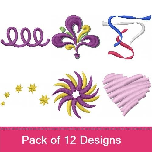 Colorful Flourishes & Decorative Embellishments Embroidery Bundle – Flourish Line, Ribbons, Floral Swirl & More (12 Designs)