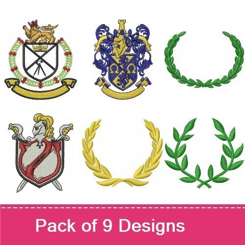 Heraldic Crests & Laurel Wreaths Embroidery Bundle – Blue & Gold Crest, Red Shield, Gold Outline & More (9 Designs)