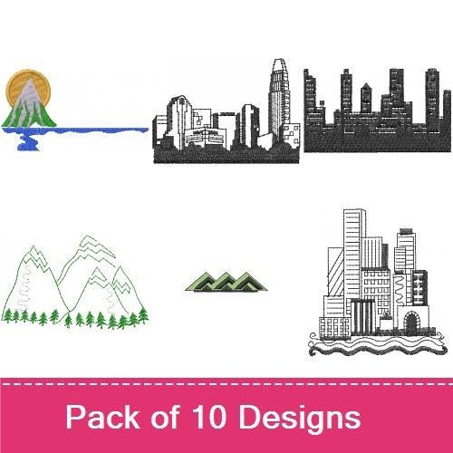 Mountain and Cityscape Embroidery Designs Bundle – Mountain Landscape, City Skyline at Night, Hiking Figure & More (9 Designs)
