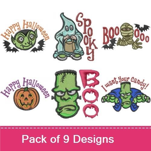 Halloween Characters Embroidery Bundle – Witch Flying on Broom, Happy Halloween Ghost, Boo Text & More (9 Designs)