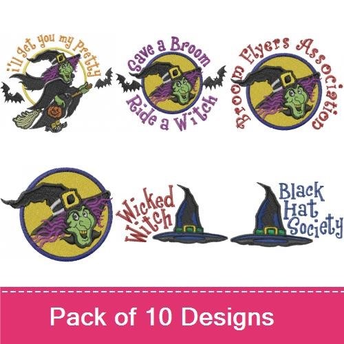 Halloween Witch Embroidery Bundle – Happy Halloween Witch, Witchy Woman, Broomstick with Pumpkin & More (8 Designs)