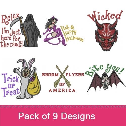 Halloween Fun Embroidery Designs Bundle – Trick or Treat Pumpkin, Wicked Devil, Relax I'm Just Here for the Candy & More (7 Designs)