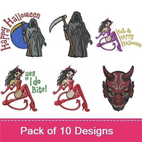 Spooky Halloween Embroidery Designs Bundle – Grim Reaper, Devil, Happy Halloween & More (10 Designs)