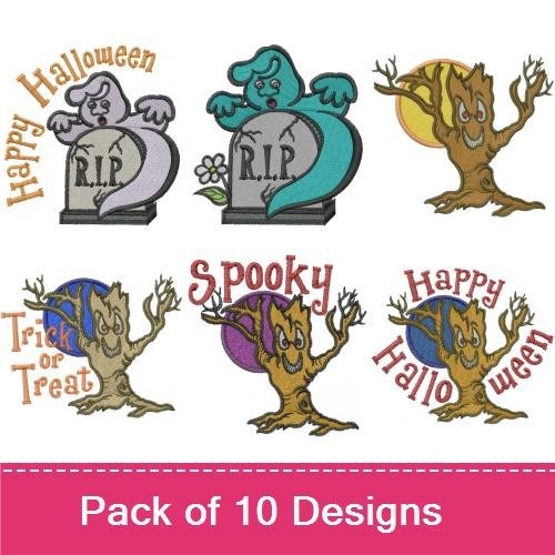 Halloween Embroidery Designs Bundle – Happy Halloween Ghost, RIP Tombstone, Spooky Tree & More (7 Designs)
