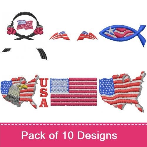 Patriotic USA Flags Embroidery Designs Bundle – American Flag with Stars, Waving American Flag, USA Flag Outline & More (9 Designs)