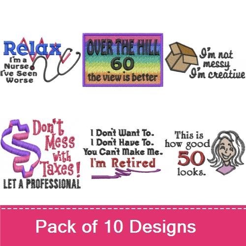 Motivational & Humorous Sayings Embroidery Designs Bundle – Relax I'm a Nurse, Over the Hill, I'm Retired & More (9 Designs)