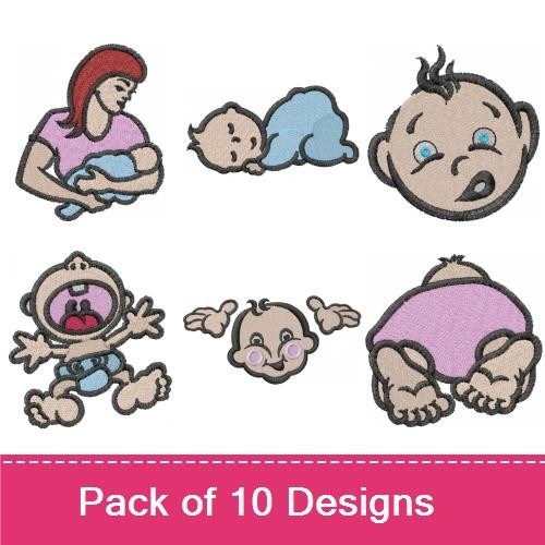 Cute Baby Expressions Embroidery Designs Bundle – Baby with Purple Onesie, Happy Baby, Crying Baby & More (7 Designs)