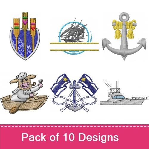 Nautical Adventure Embroidery Bundle – Sailor Cow, Rowing Oars, Nautical Ship Silhouette & More (9 Designs)