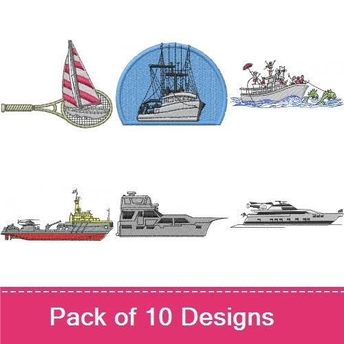Nautical Boats Embroidery Designs Bundle – Sailboat, Fishing Boat, Yacht & More (10 Designs)