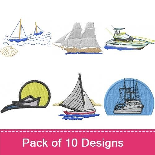 Nautical Boats Embroidery Designs Bundle – Motorboat, Sailboat, Anchor & More (10 Designs)