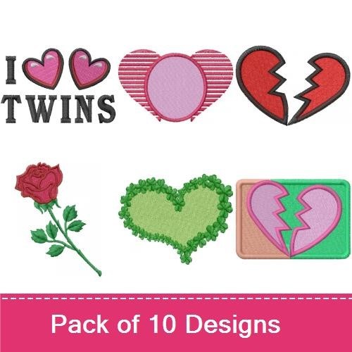 Hearts and Love Embroidery Designs Bundle – I Love Twins, Arrow through Heart, Broken Heart & More (10 Designs)