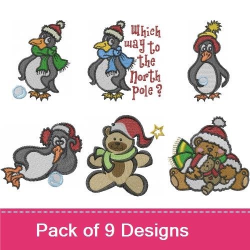 Winter Holiday Embroidery Bundle – Penguin with Scarf, Teddy Bear with Santa Hat & More (6 Designs)