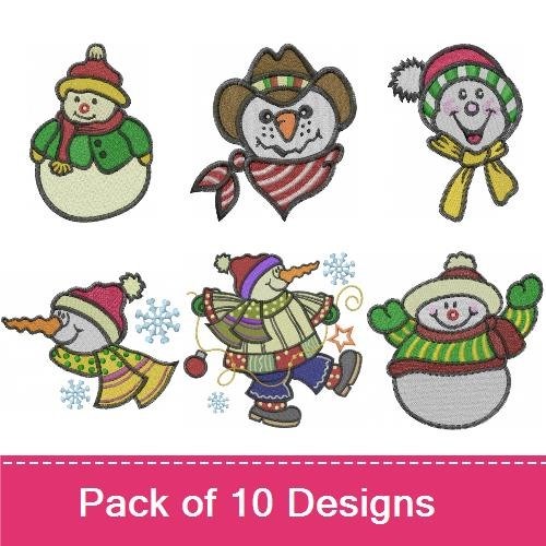 Cheerful Snowmen Embroidery Designs Bundle – Dancing Snowman, Snowman with Present, Snowman in Hat & More (8 Designs)